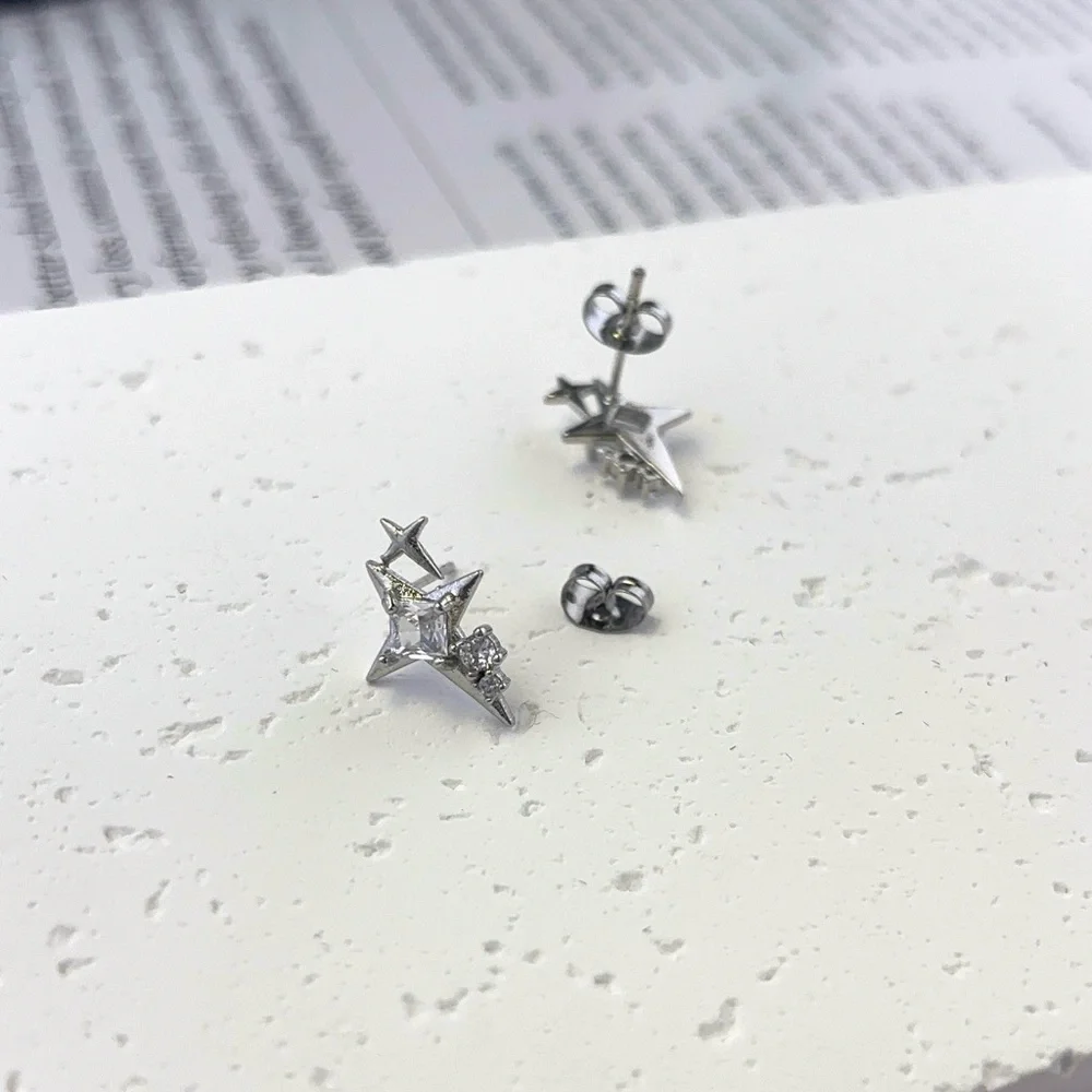 925 Silver Plated CZ Cubic Zirconia Star Stud Earrings for Men Women_3